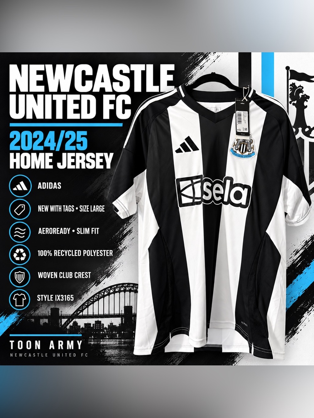 adidas Kids Newcastle United FC Black & White Striped Soccer Jersey